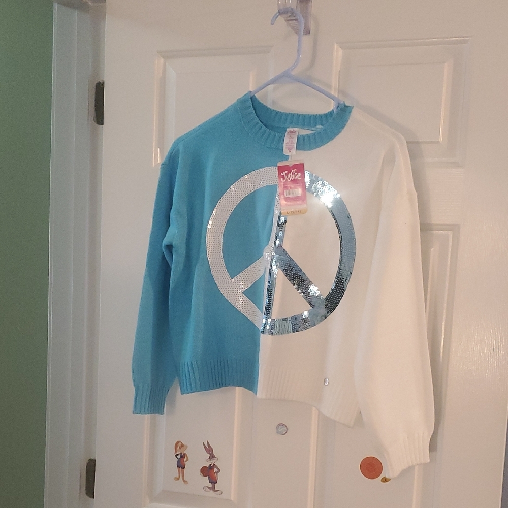 JoJo Siwa Teal and White Sequin Peace Sweater